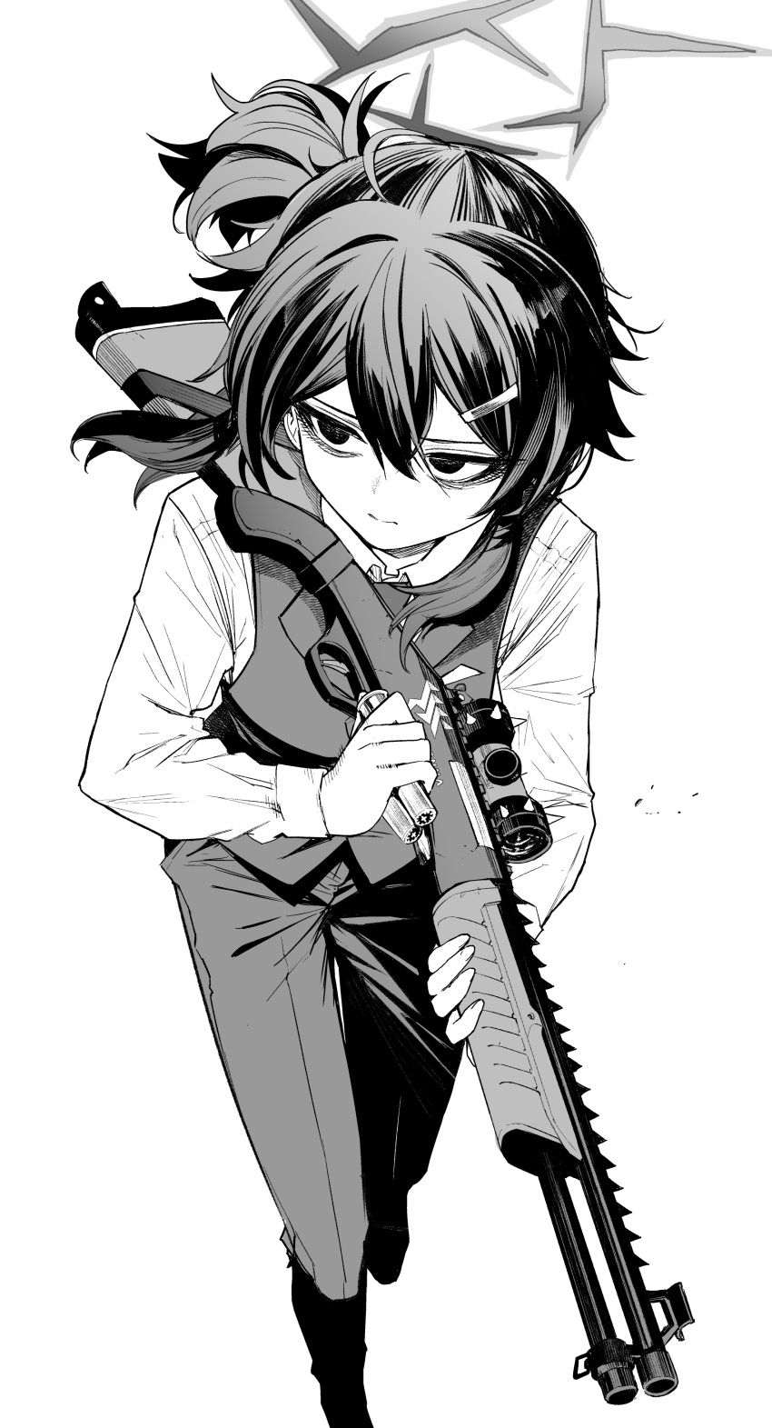 1girl, absurdres, blue_archive, greyscale, haruka_(blue_archive), haruka_(suit)_(blue_archive), highres, monochrome
