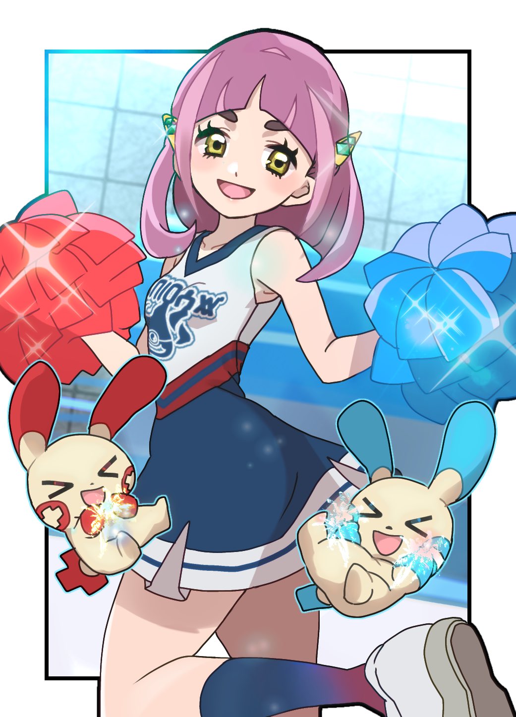 >_<, 1girl, bare_shoulders, blue_pom_poms, blue_skirt, blue_socks, cheerleader, detached_sleeves, dress, fu_(tk1189227dhy), hair_ornament, happy, highres, lacey_(pokemon), looking_at_viewer, minun, open_mouth, pink_hair, plusle, pokemon, pokemon_(creature), pokemon_sv, pom_pom_(cheerleading), red_pom_poms, shoes, short_hair, skirt, socks, sparkle, thick_eyebrows, white_footwear, yellow_eyes