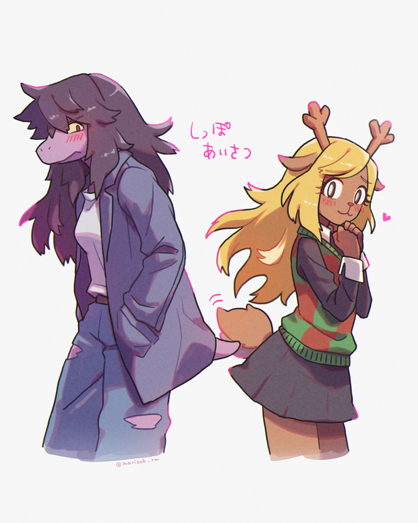 2girls, animal_ears, animal_nose, antlers, armlet, back-to-back, black_shirt, black_skirt