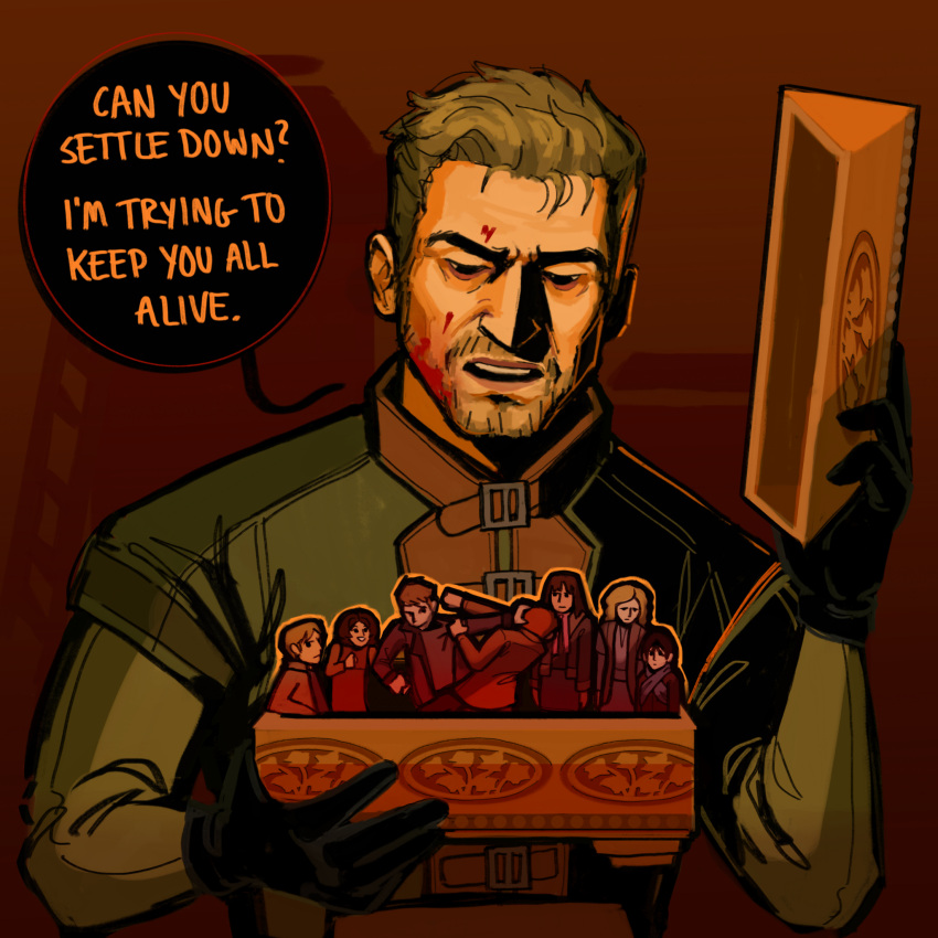 4boys, 4girls, artemy_burakh, beard_stubble, blonde_hair, blood, blood_on_face, box