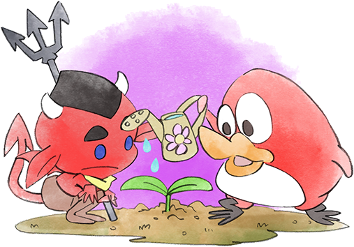 2boys, bird, brown_pants, demon, demon_horns, demon_tail, demon_wings, holding, holding_pitchfork, horns, multiple_boys, official_art, pants, pitchfork, pyoro_(warioware), red_(warioware), scarf, sprout, tail, takeuchi_kou, third-party_source, warioware, warioware:_get_it_together!, watering_can, wings, yellow_scarf