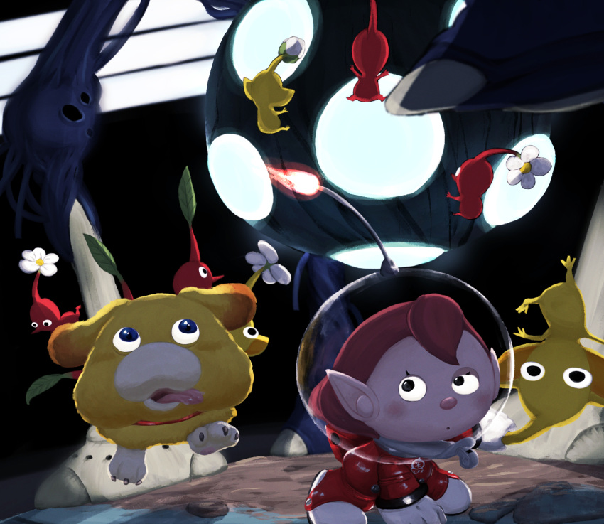 1girl, :o, animal_ears, battle, black_eyes, blue_eyes, blush_stickers, bud, bug, colored_skin, commentary_request, creature, disco_ball, dog, dog_ears, eyelashes, fighting, floppy_ears, flower, from_behind, gloves, groovy_long_legs, half-closed_eye, hand_on_ground, helmet, highres, holding, holding_creature, jumpsuit, leaf, leaning_forward, looking_up, no_mouth, oatchi_(pikmin), open_mouth, pikmin_(creature), pikmin_(series), pikmin_4, pink_hair, pointy_ears, pointy_nose, radio_antenna, red_jumpsuit, red_light, red_pikmin, red_skin, rescue_officer_(pikmin), riding, riding_animal, shoes, short_hair, space_helmet, spacesuit, spider, tongue, underground, upside-down, usuba_(hatomugip), whistle, white_flower, white_footwear, white_gloves, yellow_fur, yellow_pikmin