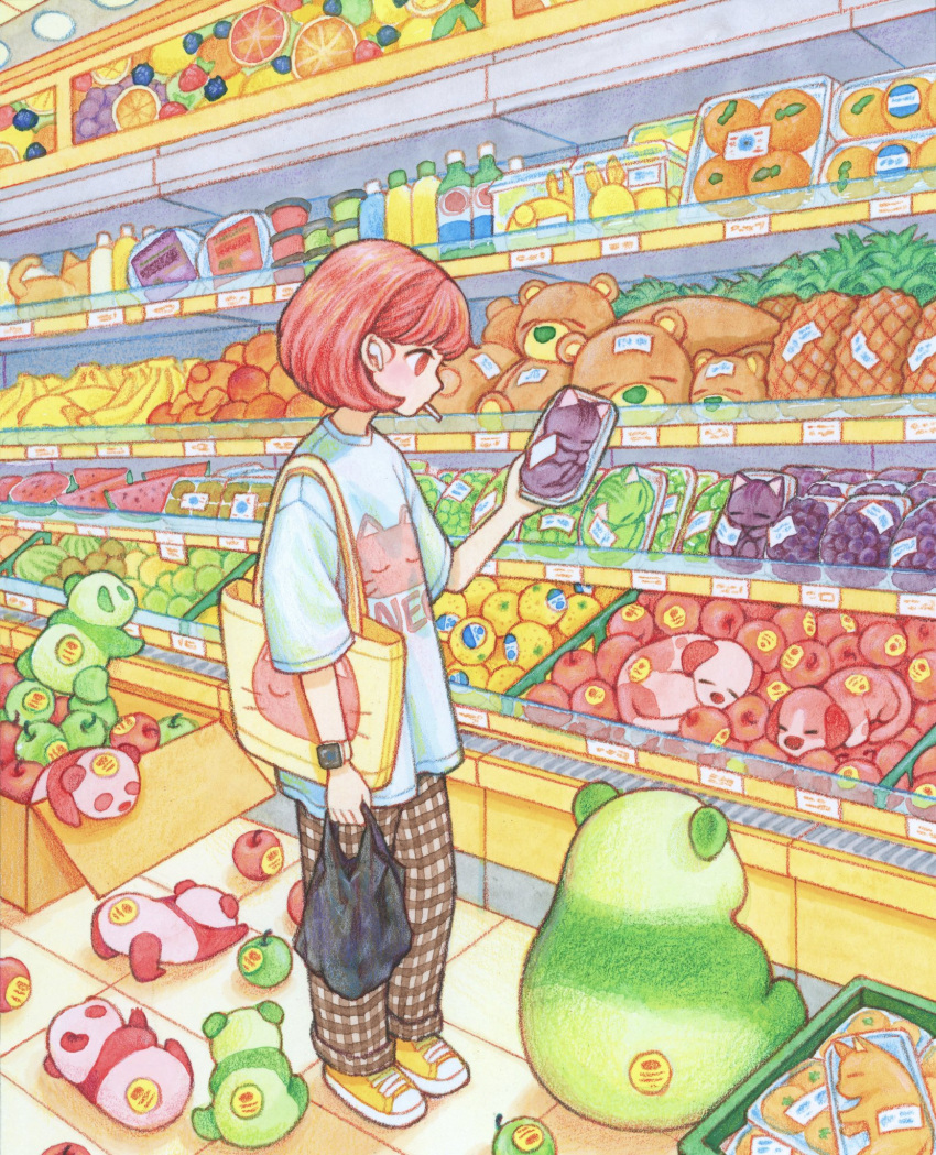 1girl, animal-themed_food, animal_print, apple, bag, banana, bear, blue_shirt