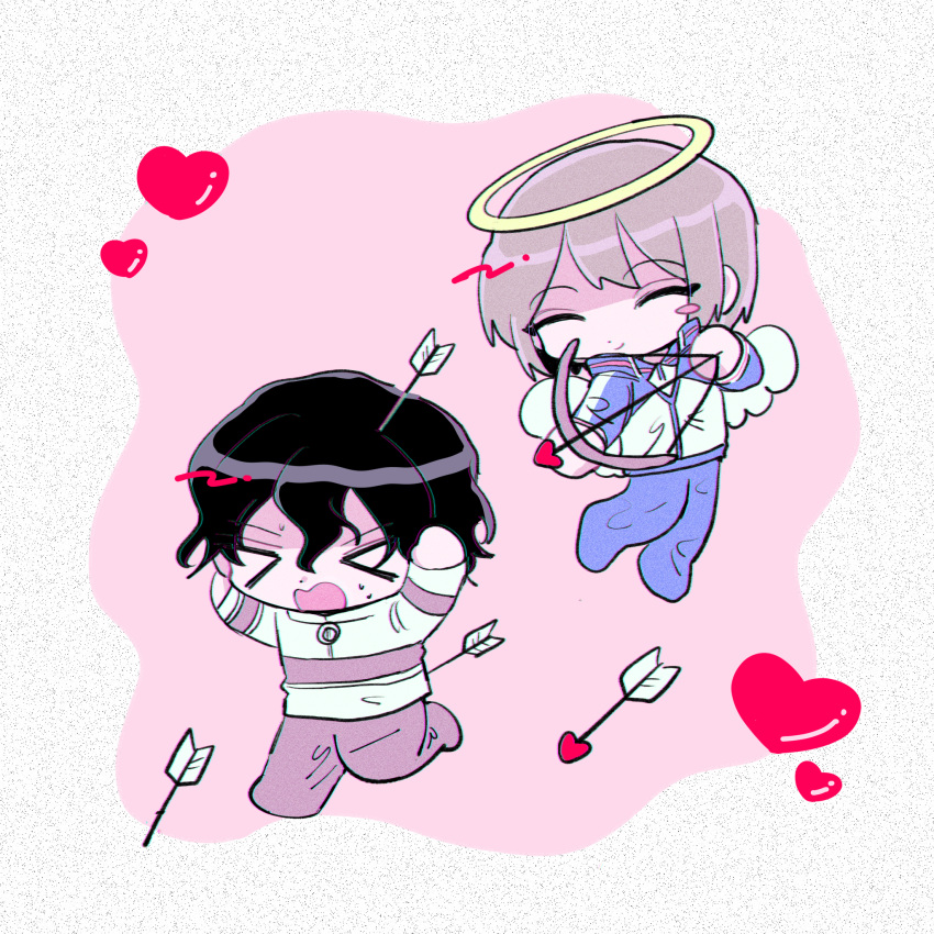 >_<, 2boys, ^_^, angel, angel_wings, arrow_(projectile), arrow_in_head, black_hair