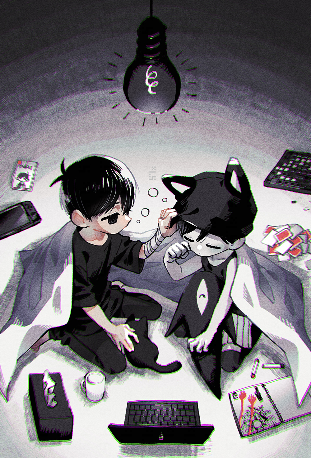 2boys, animal_hat, antenna_hair, bandaged_arm, bandages, black_cat, black_eyes, black_hair