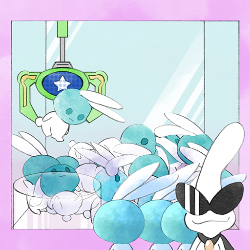 1boy, alien, alien_bunny_(warioware), black_cape, cape, colored_skin, crane_game, looking_at_viewer