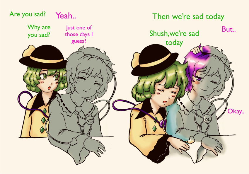 2girls, black_headwear, closed_mouth, commentary, english_commentary, english_text, green_eyes, green_hair, hairband, hat, hat_ribbon, highres, komeiji_koishi, komeiji_satori, long_sleeves, messy_hair, multiple_girls, purple_hair, ribbon, short_hair, siblings, simple_background, sisters, smile, smol_tomo, tearing_up, third_eye, touhou, violet_eyes
