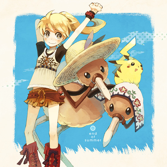 1girl, blonde_hair, boots, brown_eyes, doduo, fringe, hat, pika_(pokemon), pikachu, pokemon, pokemon_(creature), pokemon_special, ponytail, reins, sitting, skirt, smile, standing, strawberrybit, stretch, wristband, yellow_(pokemon)