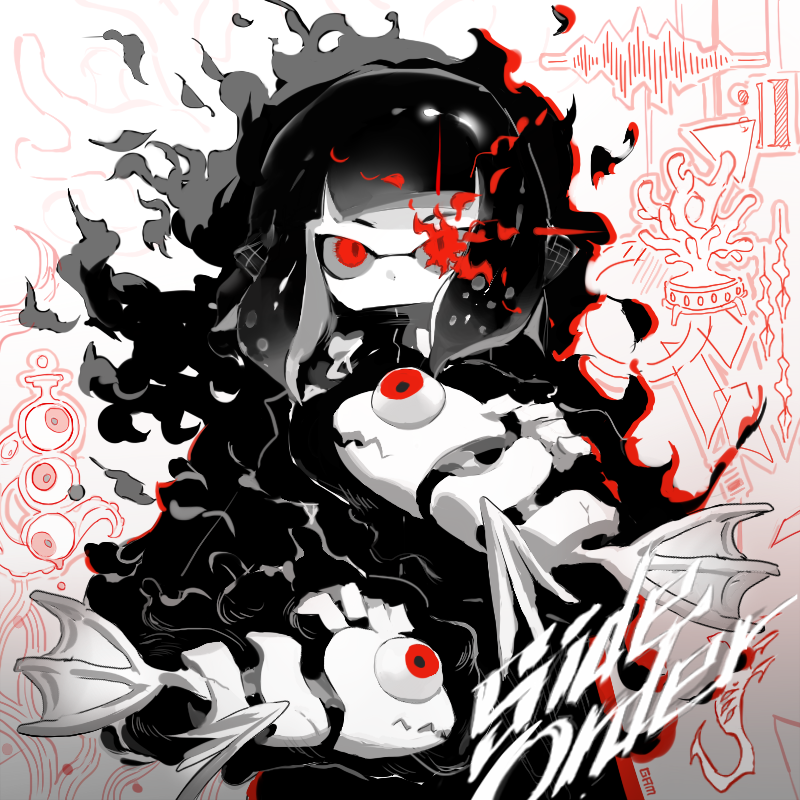 1girl, animal, blunt_bangs, copyright_name, eyeball, fish, fish_skeleton, gam_(99jellys)