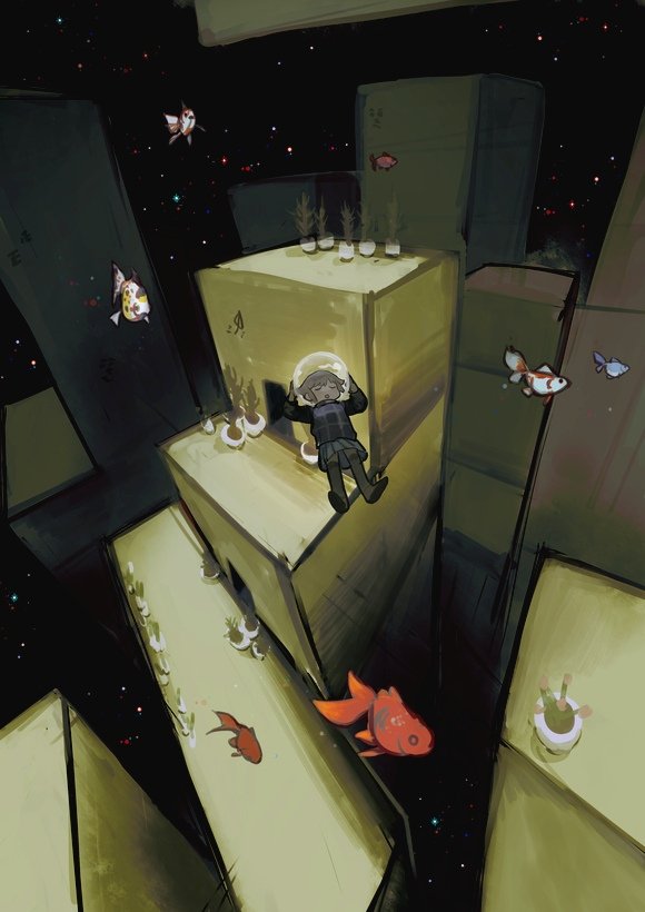 1girl, :o, architecture, arms_up, blonde_hair, building, closed_eyes, commentary, dark, darkness, doorway, english_commentary, fish, fisheye, floating, flying_fish, goldfish, hands_on_headwear, helmet, holding, holding_helmet, long_sleeves, miniskirt, open_mouth, perspective, pingupingn, plant, pleated_skirt, potted_plant, purple_sweater, purple_vest, short_hair, sidelocks, skirt, sky, solo, space, space_helmet, star_(sky), starry_sky, sweater, thigh-highs, turtleneck, turtleneck_sweater, vest, white_skirt, wide_shot, yume_2kki, zero_gravity, zettai_ryouiki