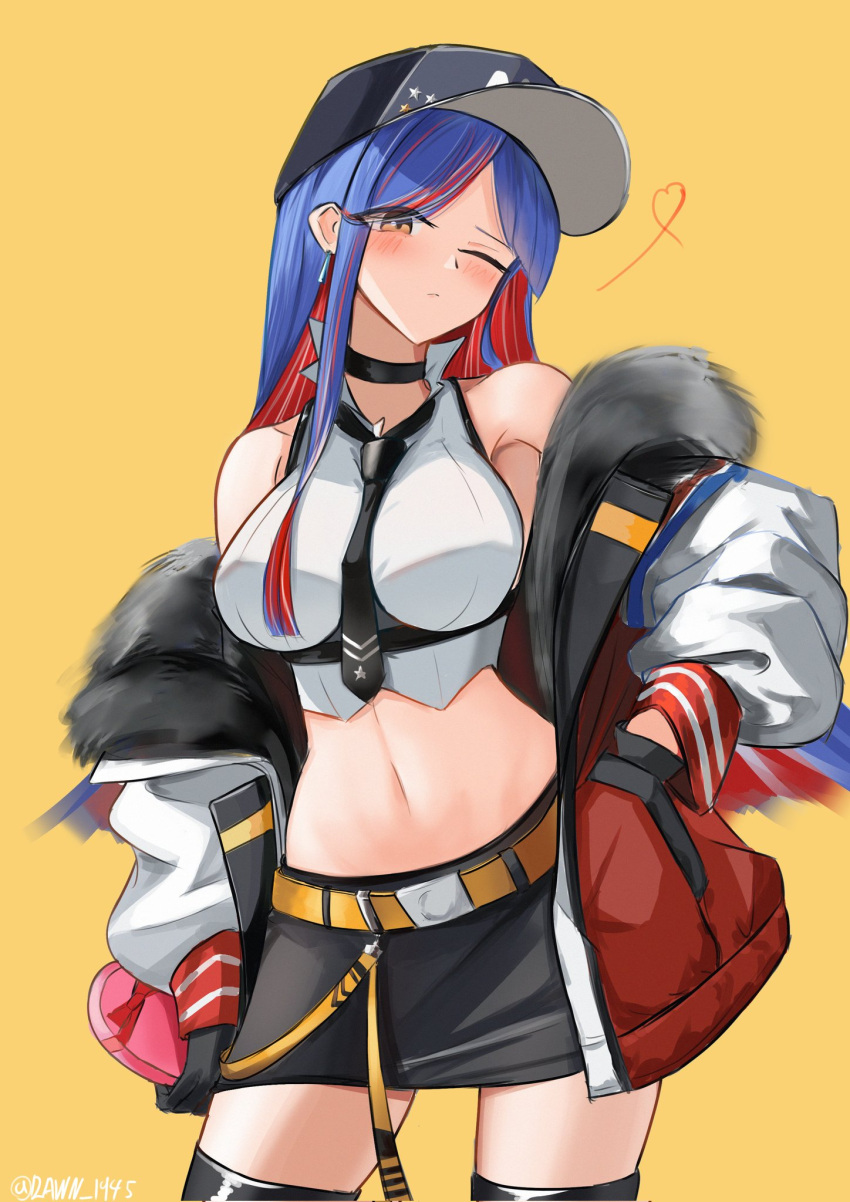 1girl, alternate_costume, black_headwear, black_necktie, black_skirt, black_thighhighs, blue_hair, breasts, brown_eyes, collared_shirt, dawn_1945, dress_shirt, fur-trimmed_jacket, fur_trim, highres, jacket, kantai_collection, large_breasts, long_hair, midriff, miniskirt, multicolored_clothes, multicolored_hair, multicolored_jacket, navel, necktie, official_alternate_costume, one_eye_closed, orange_background, redhead, shirt, simple_background, skirt, sleeveless, sleeveless_shirt, solo, south_dakota_(kancolle), thigh-highs, white_shirt