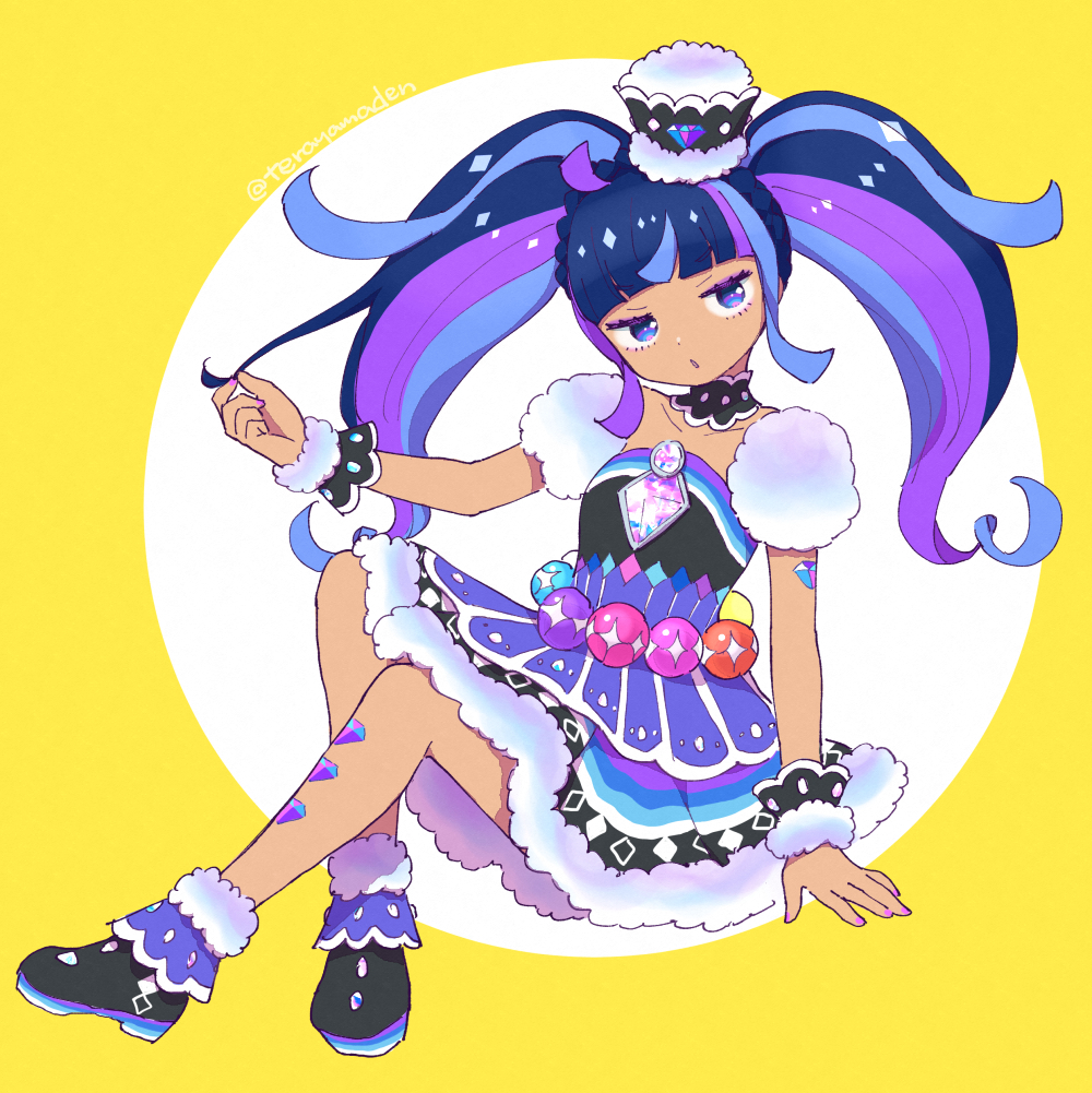 1girl, ahoge, arm_support, black_footwear, blue_eyes, blue_hair, blunt_bangs, commentary_request