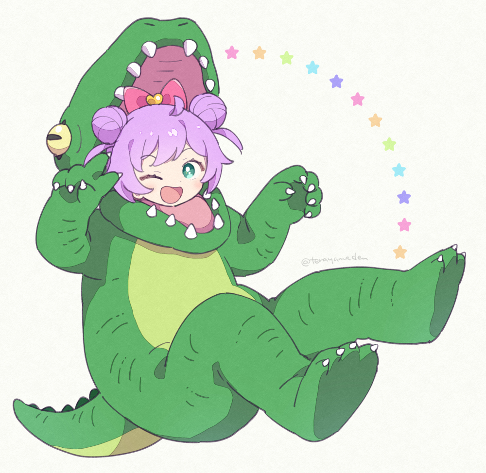 1girl, ;d, ahoge, animal_costume, blush, bow, commentary_request, crocodile_costume