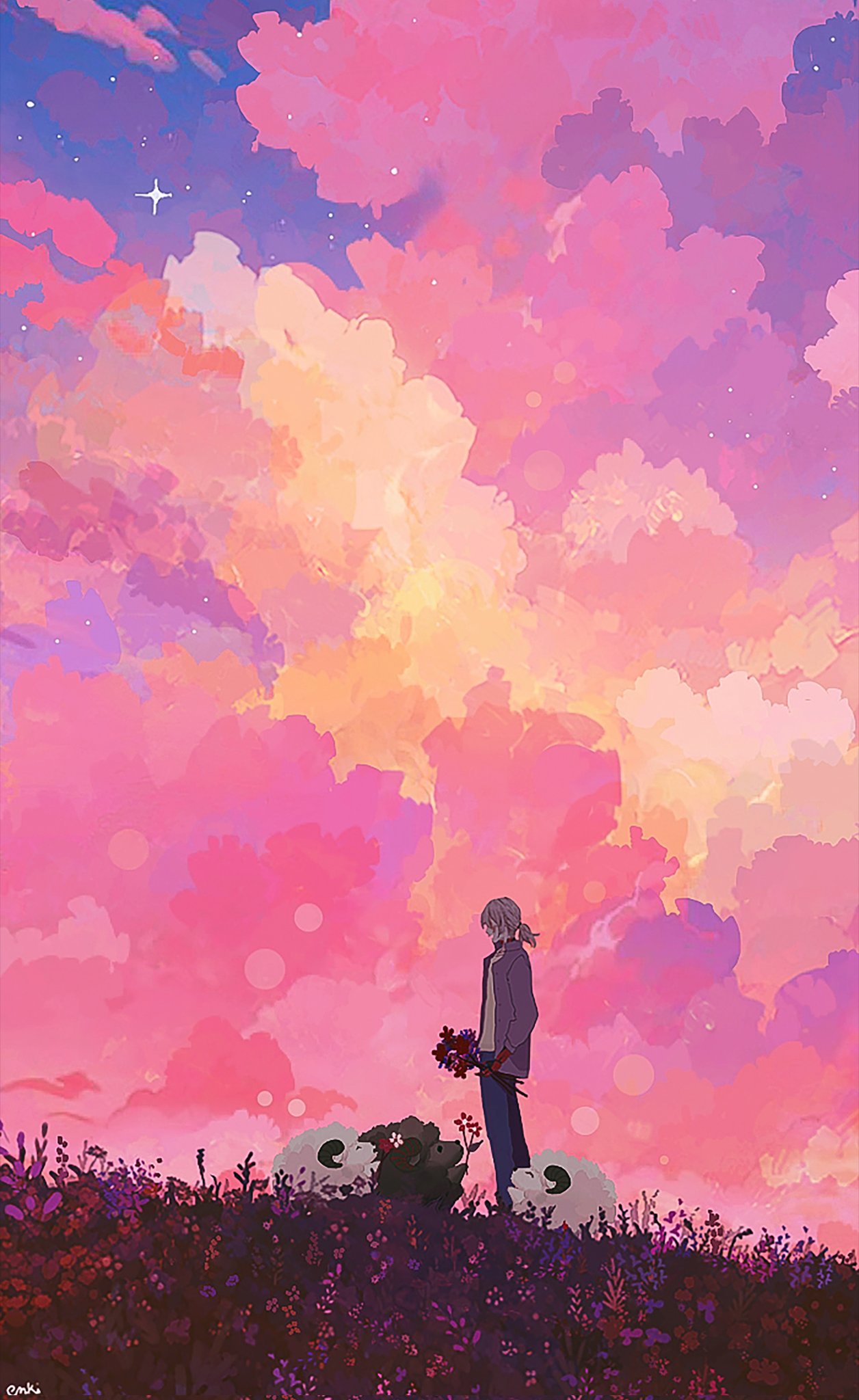 1boy, artist_name, black_pants, bouquet, clouds, cloudy_sky, comfydant_(fulgur_ovid), enki_(enkiriin)