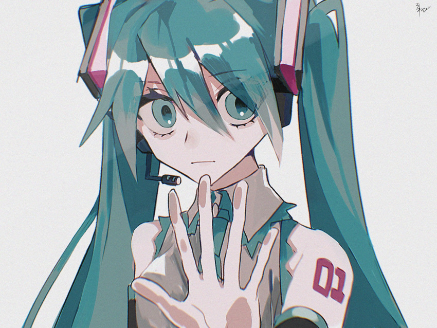 1girl, aqua_eyes, aqua_hair, aqua_necktie, aqua_trim, bare_shoulders, black_headphones, black_sleeves