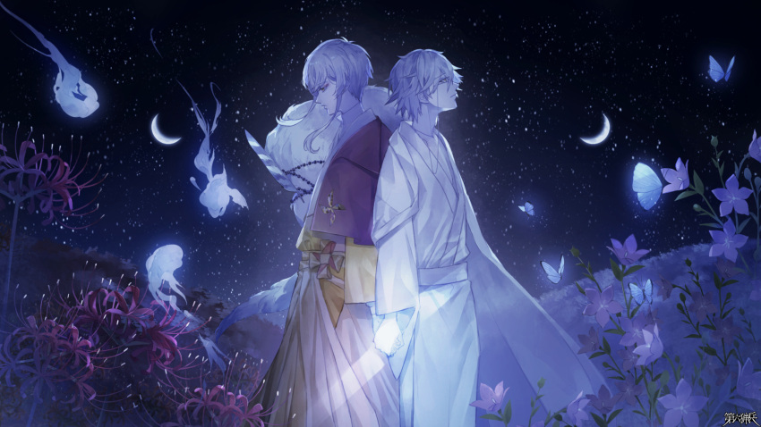 2boys, back-to-back, bellflower, blue_butterfly, bug, butterfly, cape, capelet