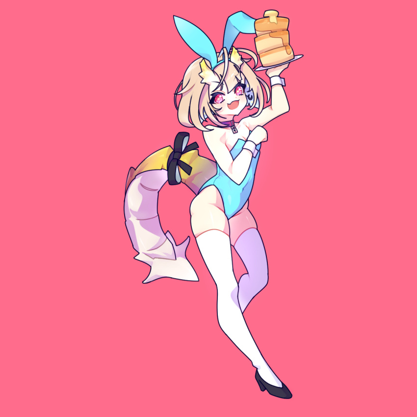 1girl, cross_(vgne4542), food, high_heels, highres, horns, pancake, phase_connect, ribbon, simple_background, smile, solo, tail, utatane_nasa