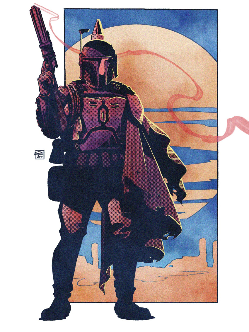 1boy, armor, blue_sky, boba_fett, colin_craker, full_body, gun, highres
