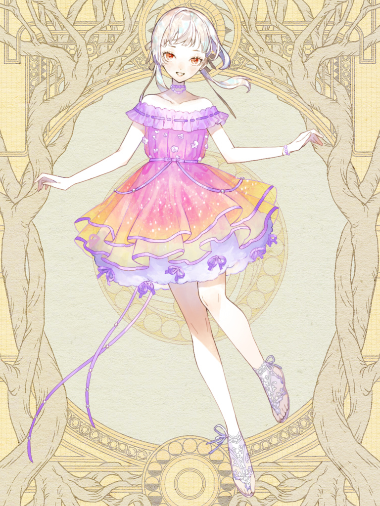 1girl, bare_shoulders, bracelet, choker, collarbone, dairoku_ryouhei, dress, full_body, gradient_dress, jewelry, jose_binoche, kao_o0, layered_dress, looking_at_viewer, low_twintails, medium_hair, necklace, off-shoulder_dress, off_shoulder, orange_dress, orange_eyes, parted_lips, pink_choker, purple_dress, purple_footwear, purple_ribbon, ribbon, sandals, short_bangs, short_dress, sleeveless, sleeveless_dress, smile, solo, standing, standing_on_one_leg, twintails, white_hair, yellow_background