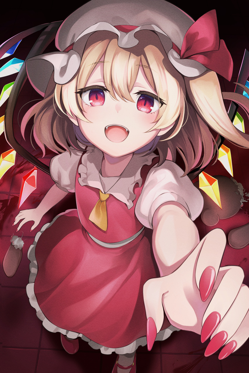 1girl, absurdres, ascot, blonde_hair, blush, collared_shirt, crystal, fingernails