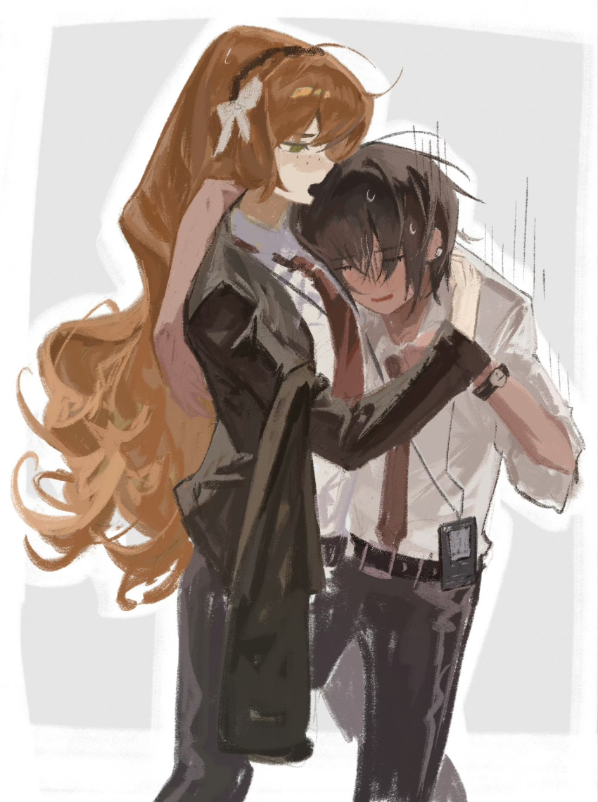 2girls, belt, black_belt, black_pants, bow, brown_hairband, closed_eyes, collared_shirt