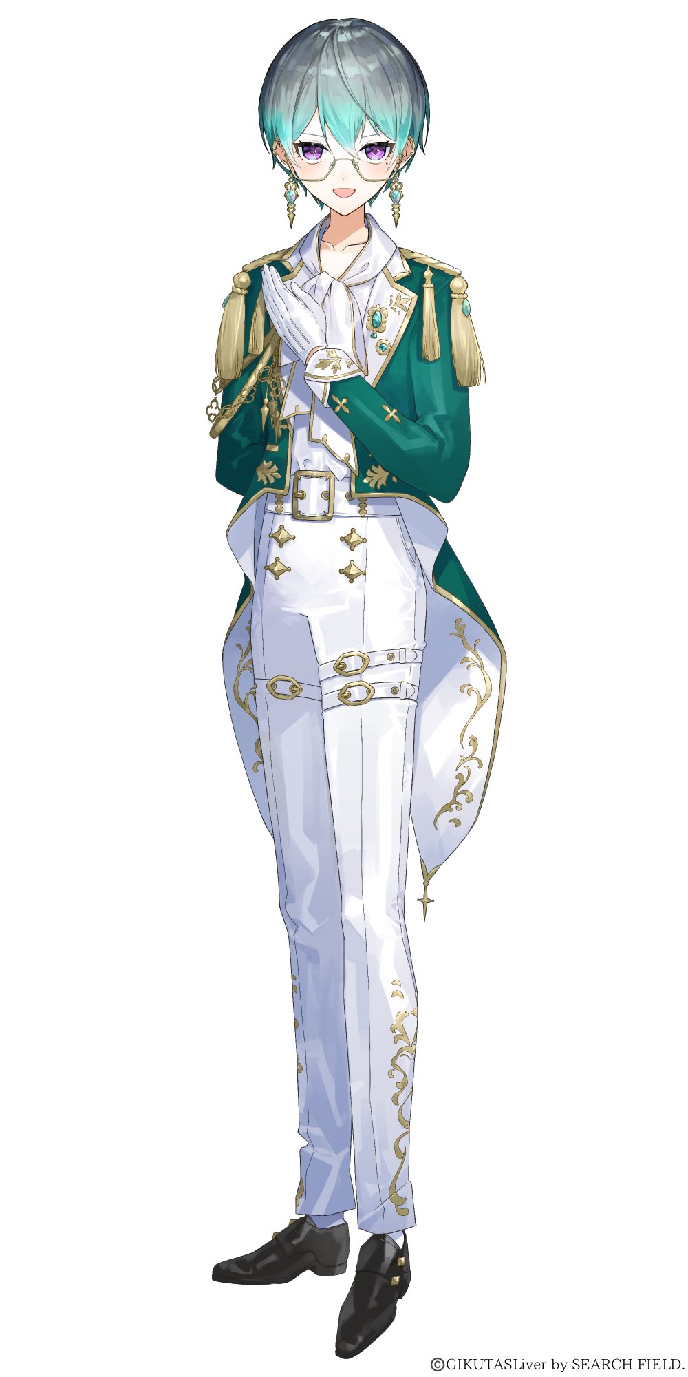 1girl, :d, aiguillette, aqua_hair, arm_behind_back, belt, belt_buckle, black_footwear