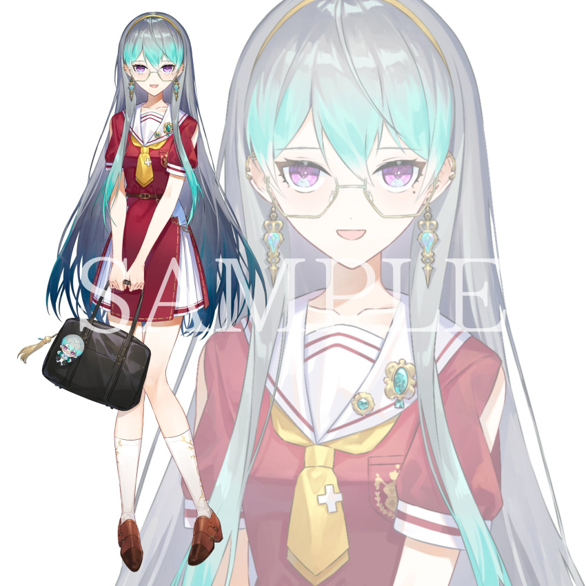 1girl, :d, aqua_gemstone, aqua_hair, bag, bag_charm, belt, belt_buckle