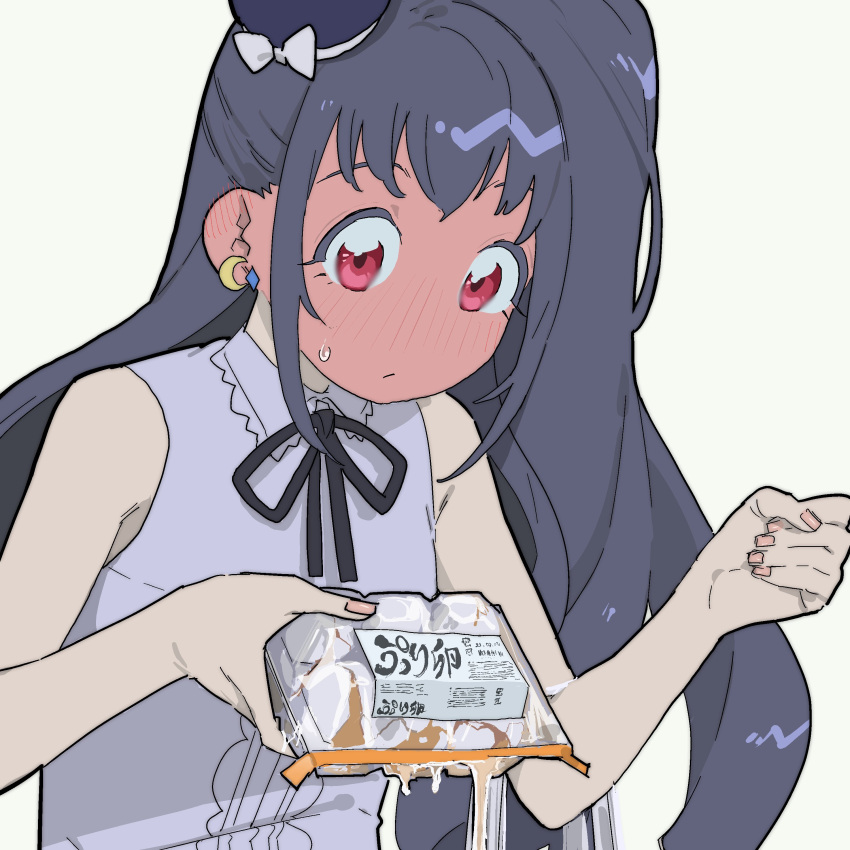1girl, absurdres, bad_id, bad_twitter_id, bare_shoulders, black_hair, black_ribbon, blush
