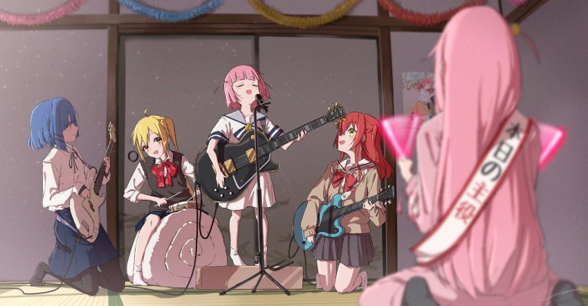 5girls, bass_guitar, black_skirt, blonde_hair, blue_hair, blue_skirt, bocchi_the_rock!, bow