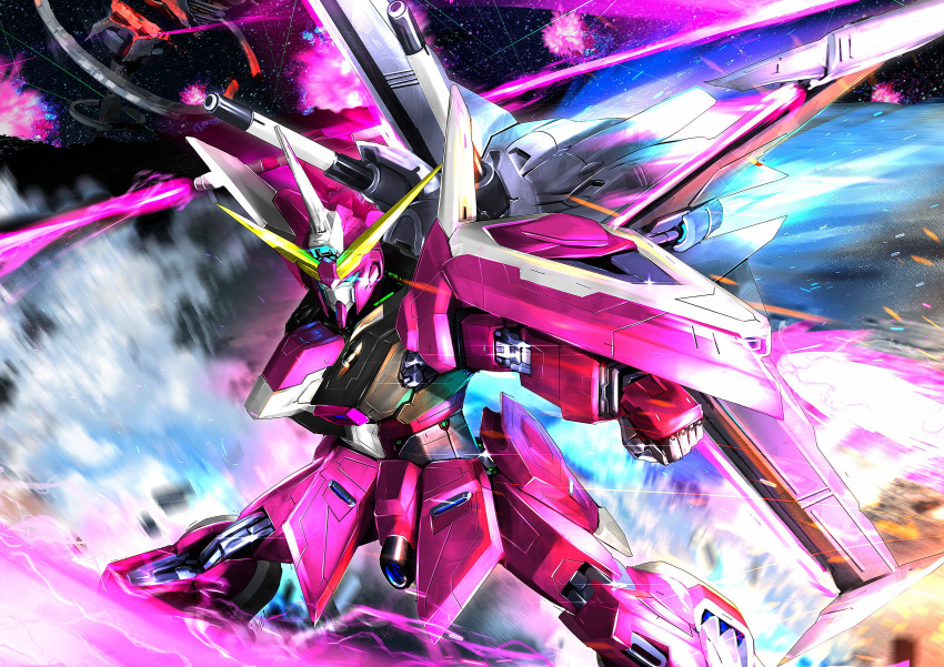 absurdres, battle, beam_saber, commentary_request, double-blade, energy_blade, energy_sword, exhaust
