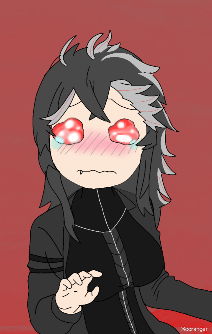 1girl, :s, blush, breasts, crying, derivative_work, fang, fangs