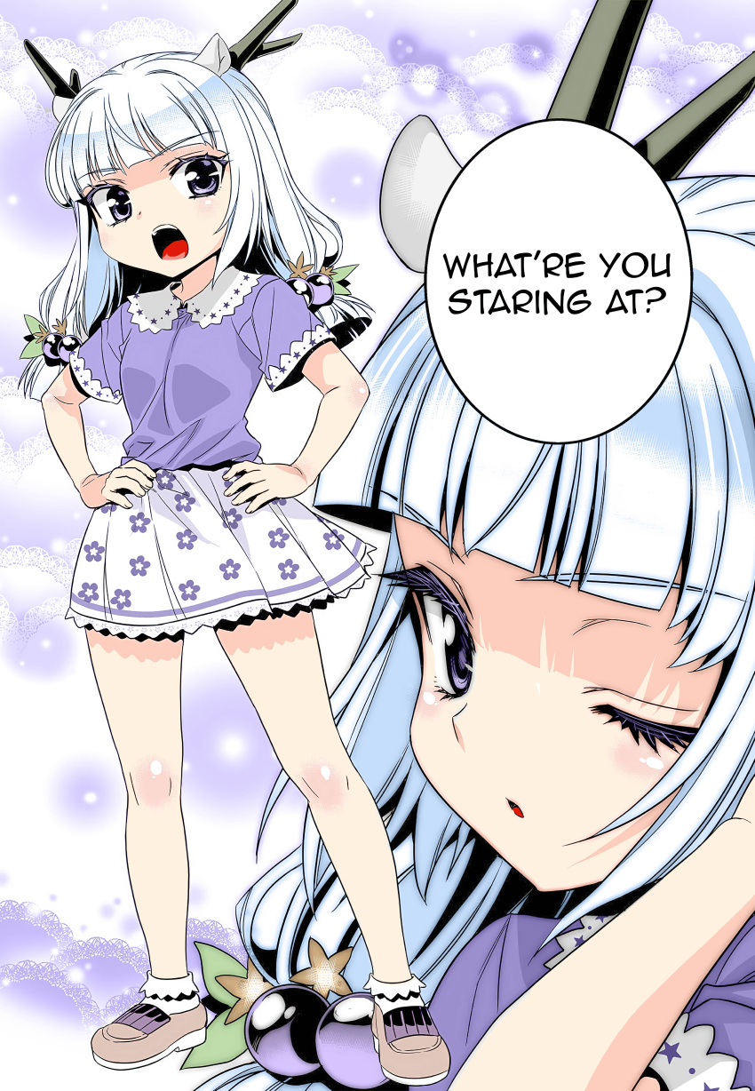1girl, age_regression, dragon_horns, english_text, horns, long_hair, my_love_tiger