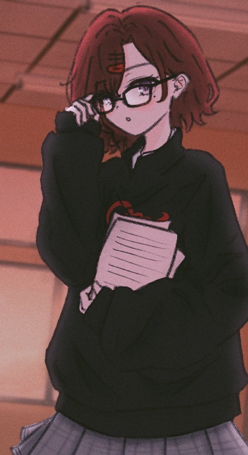 1girl, 28ki_00, bespectacled, black-framed_eyewear, black_shirt, blush, brown_hair, glasses