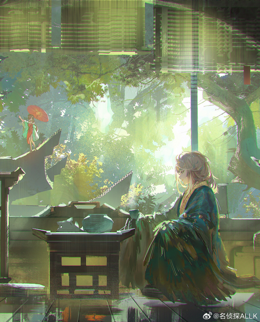 1boy, 1girl, allk_(pixiv_31494296), architecture, arm_up, backlighting, bird_wings, black_robe
