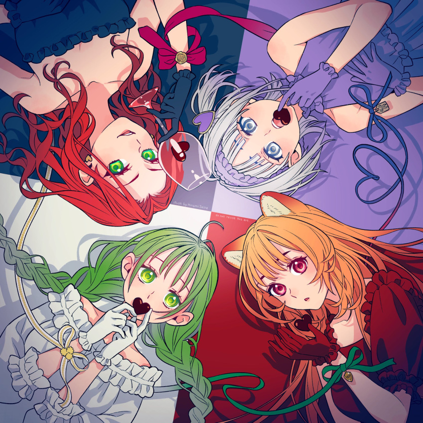 4girls, ahoge, animal_ears, bare_shoulders, blue_background, blue_dress, blue_gloves, blue_ribbon