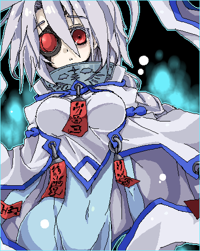 braid, breasts, eyepatch, lowres, nu-13, red_eyes, silver_hair, udukinoko