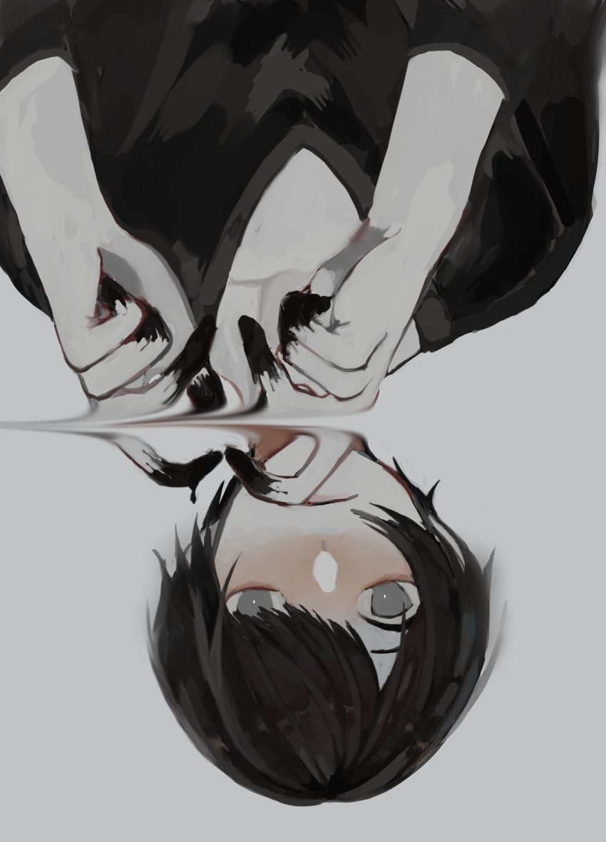 1boy, absurdres, bishounen, black_hair, black_shirt, collarbone, grey_hair, highres