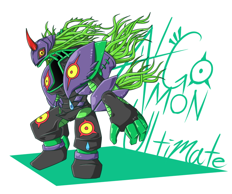 algomon_ultimate, digimon, digimon_(creature), extra_eyes, grey_hair, horns, long_hair, looking_at_viewer, monster, rumor_(rumor_dem), simple_background, solo, tentacle_hair, tentacles, white_background