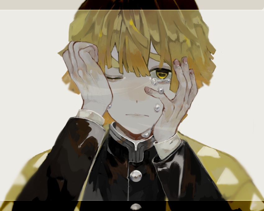 1boy, agatsuma_zenitsu, blonde_hair, crying, crying_with_eyes_open, gakuran, hand_up, highres