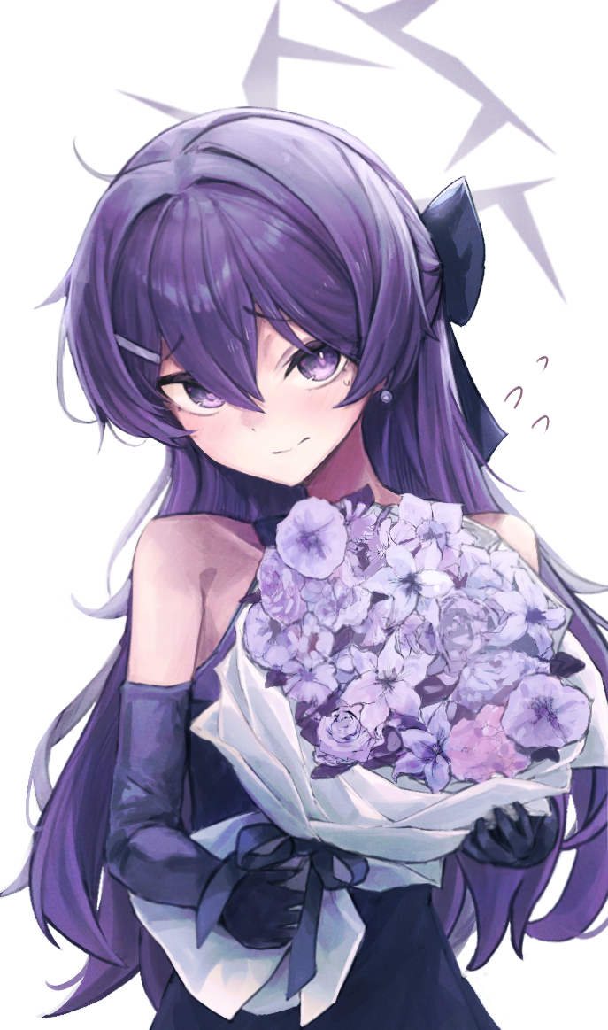 1girl, bag_(chrko_bag), bare_shoulders, blue_archive, bouquet, dress, earrings, elbow_gloves