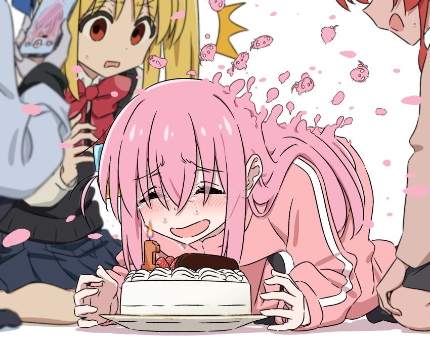 ahoge, birthday, birthday_cake, blonde_hair, blue_hair, bocchi_the_rock!, cake, closed_eyes
