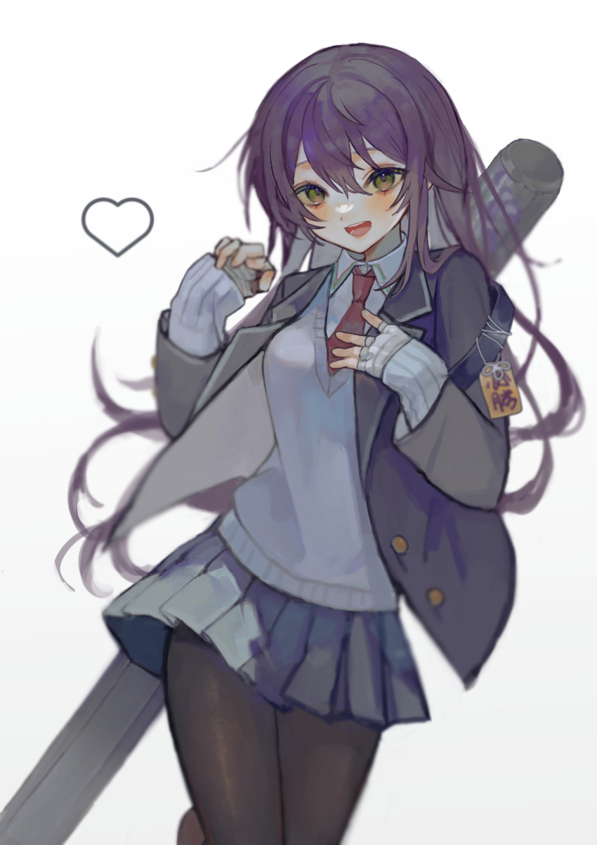 1girl, absurdres, blush, cowboy_shot, genderswap, genderswap_(mtf), heart, highres, kenmochi_touya, long_hair, necktie, nijisanji, open_mouth, pantyhose, purple_hair, red_necktie, school_uniform, simple_background, skirt, solo, sweater_vest, tunena_mi, virtual_youtuber, white_background