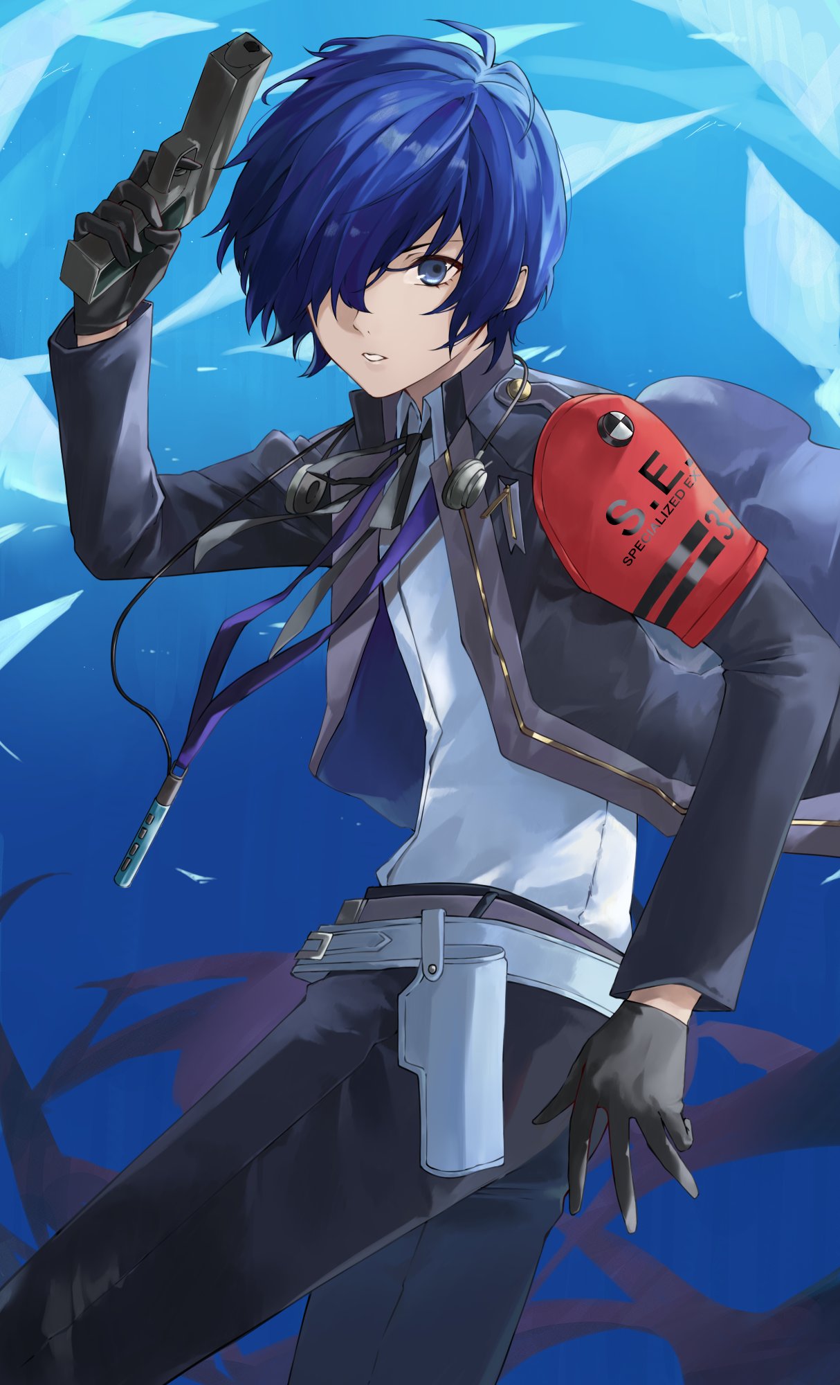 1boy, belt, black_gloves, black_jacket, black_pants, black_ribbon, blue_eyes, blue_hair