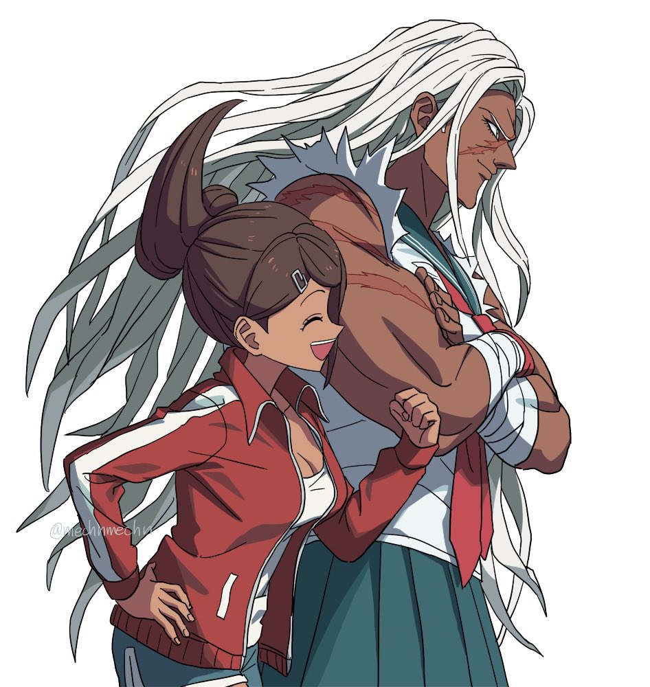 2girls, :d, asahina_aoi, brown_hair, closed_eyes, closed_mouth, crossed_arms, danganronpa:_trigger_happy_havoc