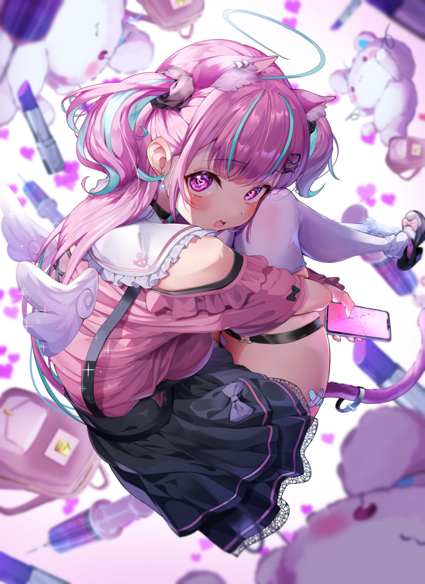 1girl, :3, angel_wings, animal_ear_fluff, animal_ear_piercing, animal_ears, black_choker, black_footwear