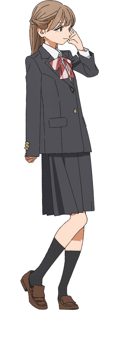 1girl, akebi-chan_no_serafuku, arm_up, black_jacket, black_skirt, black_socks, blazer, bow, bowtie, brown_eyes, brown_footwear, closed_mouth, collared_shirt, diagonal-striped_bow, diagonal-striped_bowtie, diagonal-striped_clothes, dress_shirt, full_body, half_updo, highres, jacket, kneehighs, light_brown_hair, loafers, long_hair, long_sleeves, nawashiro_yasuko, official_art, pleated_skirt, red_bow, red_bowtie, roubai_academy_school_uniform_(new), shirt, shoes, simple_background, skirt, sleeves_past_wrists, smile, socks, solo, standing, striped_clothes, tachi-e, transparent_background, white_shirt