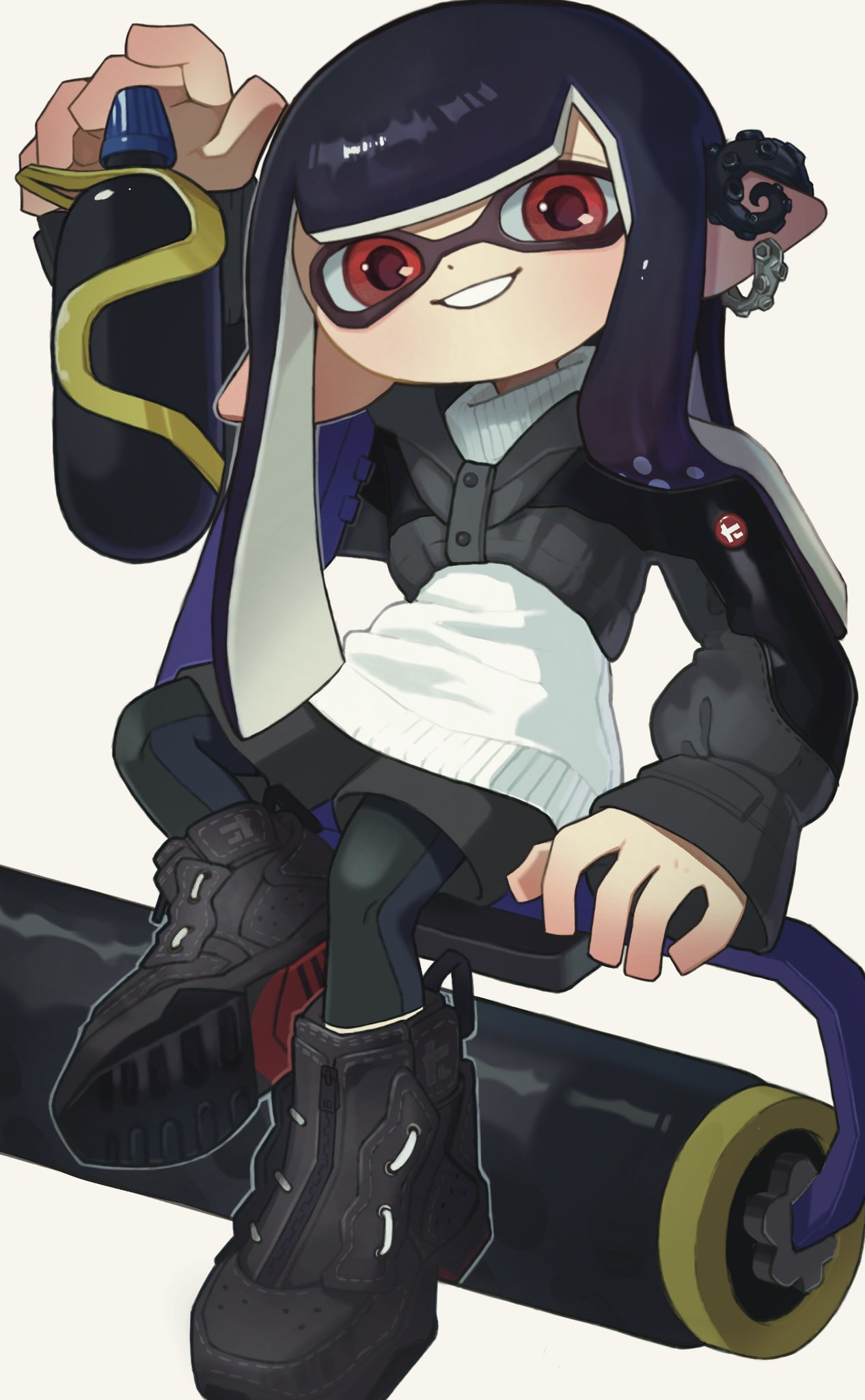 1girl, black_footwear, black_hair, black_jacket, black_leggings, black_shorts, commentary, dot_nose