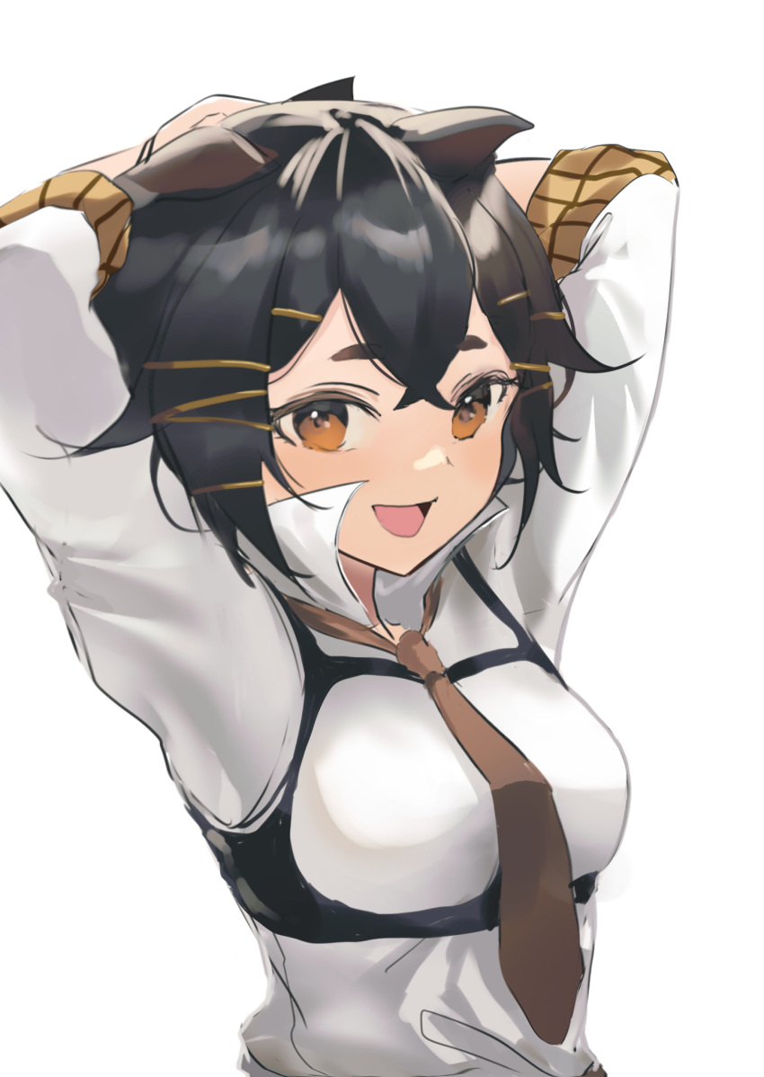 1girl, :d, arknights, arms_up, black_hair, breasts, brown_eyes, brown_necktie