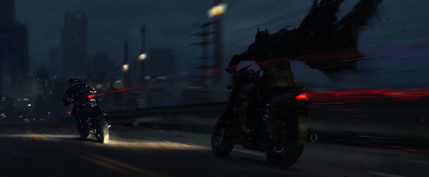 1boy, 1girl, armored_bodysuit, batman, batman_(series), blue_sky, blurry, blurry_background