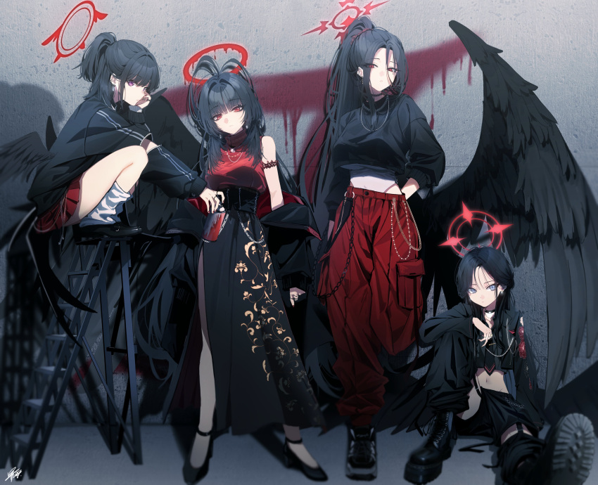 4girls, absurdres, alternate_costume, alternate_hairstyle, antenna_hair, arm_on_knee, arm_rest, black_hair